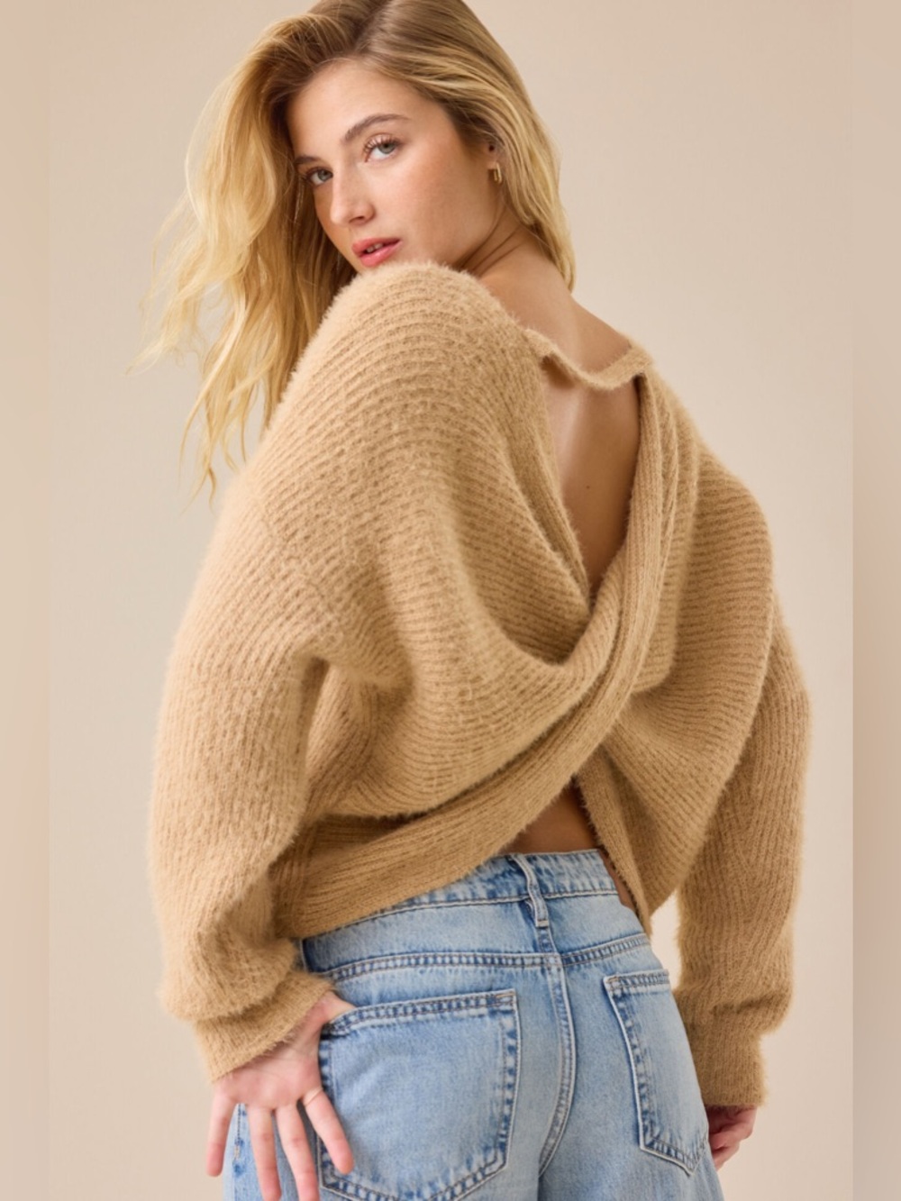 Altar'd State Women’s Icy Blue Amiah Twist Back Sweater, Size Small - Picture 2 of 13
